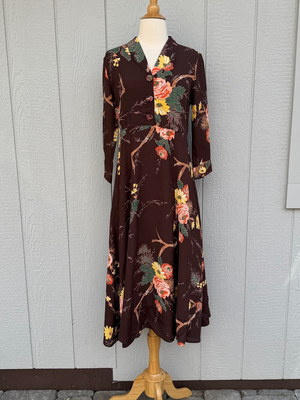 Loco Lindo S Brown Floral Midi Dress 90’s